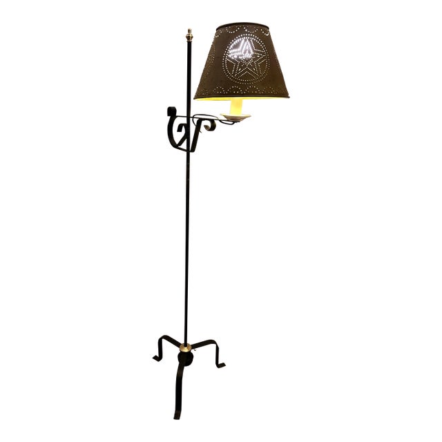 Mid 20th Century Colonial Style Iron Floor Lamp With Mustard Punch Tin Shade For Sale