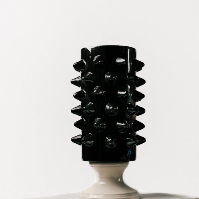 Brutalist Black Ceramic Vase with Spike Details and Contrasting Base, 1990s, Set of 2 For Sale - Image 4 of 4