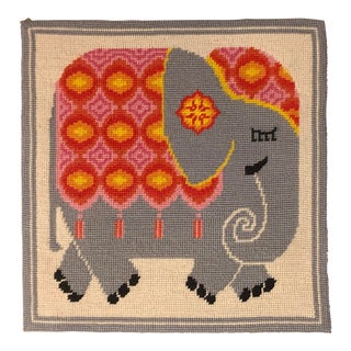 Vintage 1970s Handmade Needlepoint Elephant Textile Art For Sale