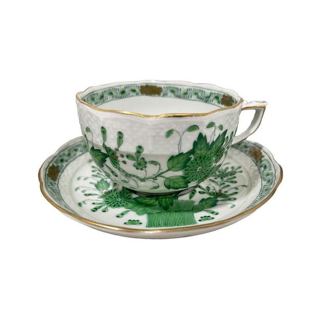 Indian Basket Green Pattern Porcelain Tea Service for 12 from Herend, Hungary, 1930s, Set of 27 For Sale - Image 14 of 15