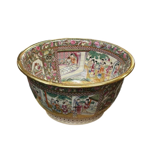 Chinese Vintage Chinese Famille Rose People House Graphic Large Porcelain Bowl Pot For Sale - Image 3 of 12