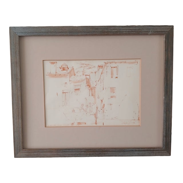 Luigi Bosa Sepia Ink Drawing Venetian Gondolas 1961 For Sale