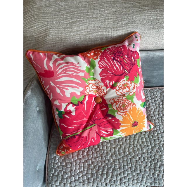 2020s 16” X 16” Lilly Pulitzer Heritage Floral Salmon & Pink Indoor Outdoor Pillow For Sale - Image 5 of 7