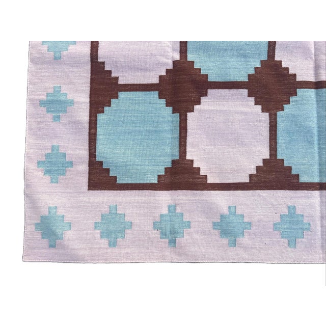 Handmade Cotton Flat Weave Area Rug, Tile Patterned Lavender, Wine and Blue Dhurrie - 8'x10' For Sale - Image 10 of 10