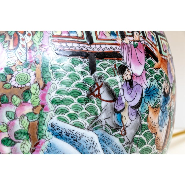 Rose Chinese Famille Rose Millefleurs Hu-Form Porcelain Table Lamp | Figural Scenes | Mid-20th Century | With Shade For Sale - Image 8 of 13