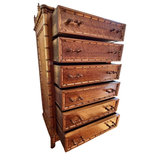 Antique Bird’s-Eye Maple Faux Bamboo Six Drawer Chest of Drawers For Sale - Image 9 of 18