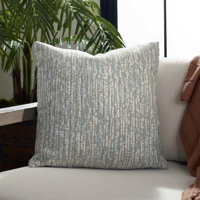 An Intricately Woven Basketweave In Tones Of Juniper, Sea Salt, And White In Sunbrella Solution Dyed Acrylic. Complete...
