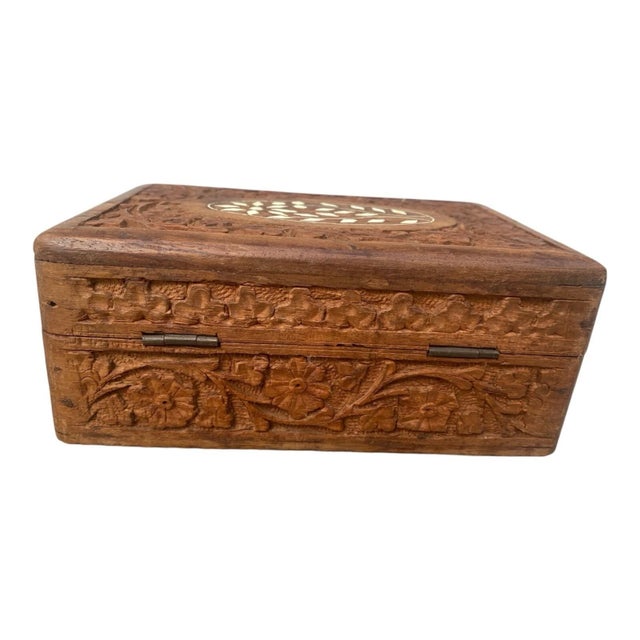 Wood 1990s Hand Carved Teakwood Jewelry Box Vintage Inlaid Wooden Trinket Storage Chest For Sale - Image 7 of 10