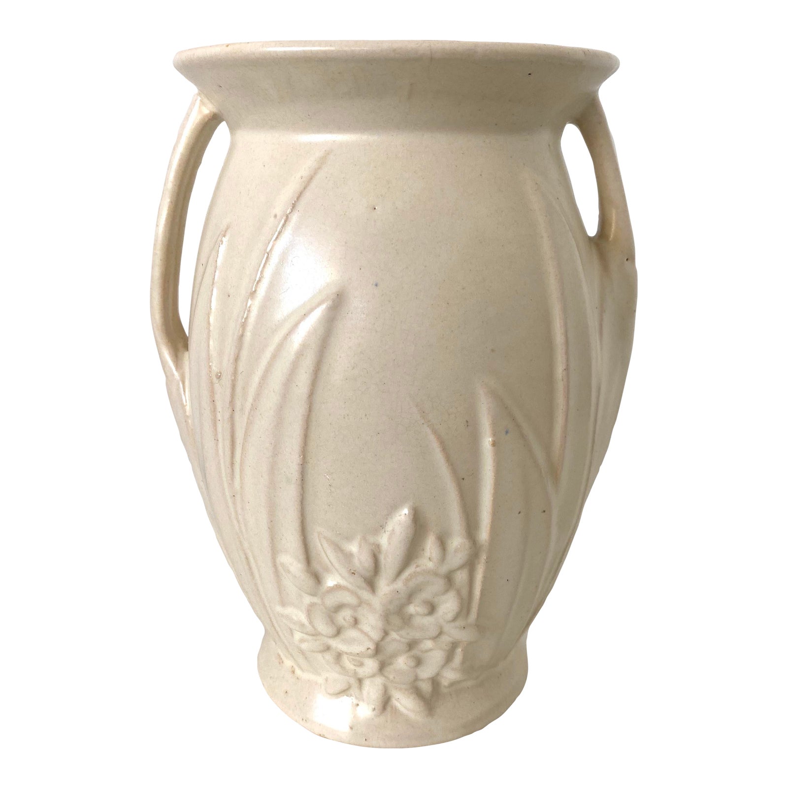 1920s Nelson McCoy Pottery Creamy White Vase With Leaves & Flowers in