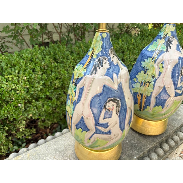 Wood 1950s Italian Modern Glazed Ceramic Lamps - a Pair For Sale - Image 7 of 11