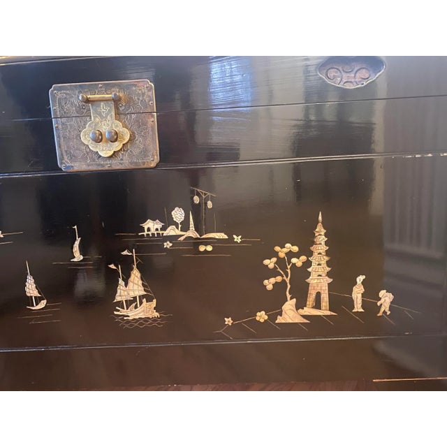 Wood Vintage Black Lacquer Chinoiserie Wedding Chest With Mother of Pearl Inlay Sailboats and Island Scenes For Sale - Image 7 of 13
