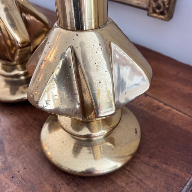 Brass Modernist Mid Century Sculptural Solid Brass Candle Pricks- A Pair For Sale - Image 8 of 8