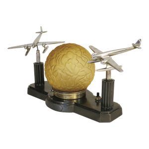 1930s Uber Rare Vintage Sublime Art Deco Streamline Bronze Aviation Award Twin Chrome Airplane Amber Brain Globe Table Lamp