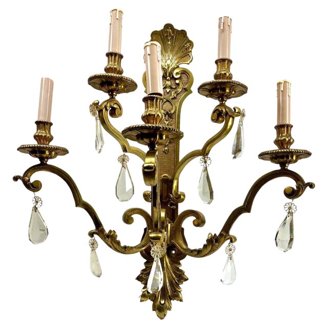 Large 5-Light Wall Lamp in Bronze with Crystal Decoration, 1910 For Sale