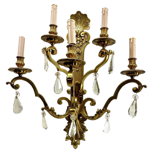 Large 5-Light Wall Lamp in Bronze with Crystal Decoration, 1910