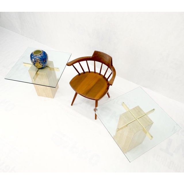 Pair Travertine Bases Cross Support Glass Top End Side Occational Tables Stands For Sale - Image 11 of 15
