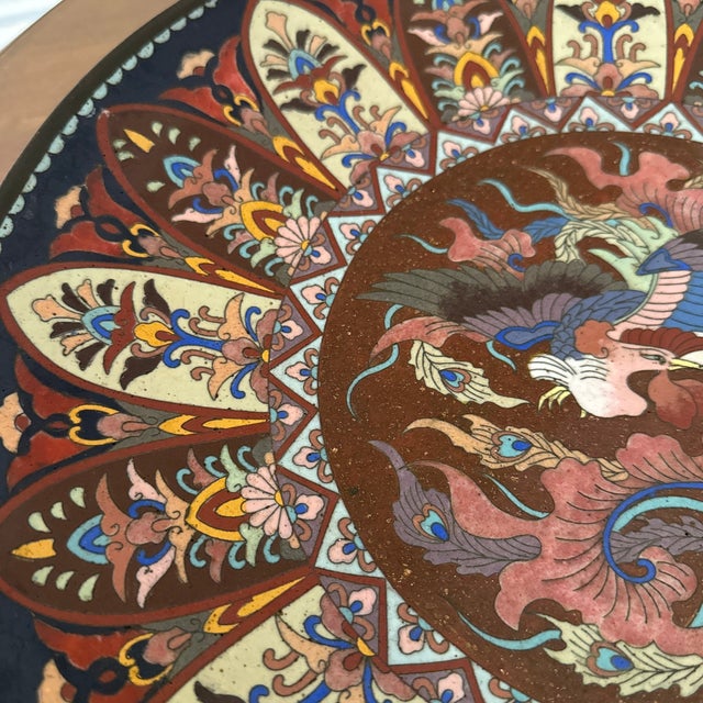 19th Century Meji Period Large Cloisonne Enamel Phoenix Plate For Sale - Image 4 of 12