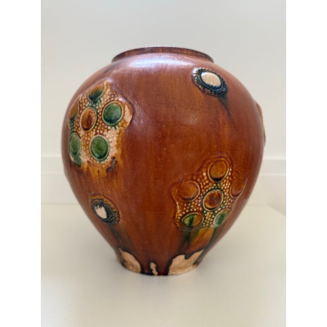 Mid 20th Century Rare Hand-Thrown 10" Tang Dynasty Style Sancai Glazed Pottery Medallion Jar For Sale - Image 4 of 12