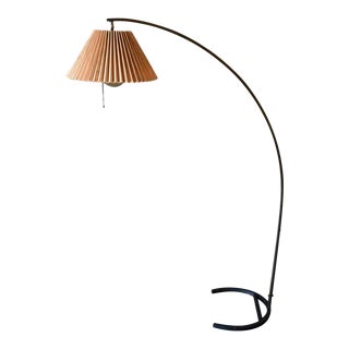 Brass Arc Floor Lamp With Original Raffia Shade, Circa 1970 For Sale