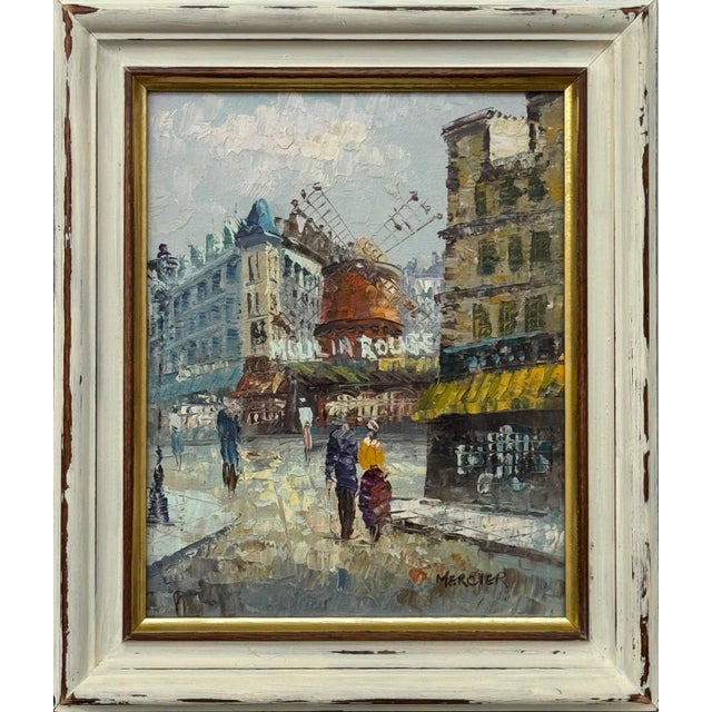 Figures on Parisian Street With Moulin Rouge Paris Sign in Impressionist Style - Shabby Chic Distressed Frame For Sale