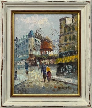 Figures on Parisian Street With Moulin Rouge Paris Sign in Impressionist Style - Shabby Chic Distressed Frame