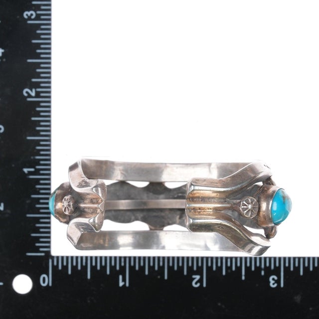 Silver 6.25" Vintage Navajo hand stamped heavy sterling/turquoise row cuff bracelet For Sale - Image 8 of 10