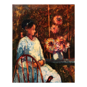 Donald Roy Purdy, Modernist Sunday Morning Harvest Woman With Flowers Oil Painting