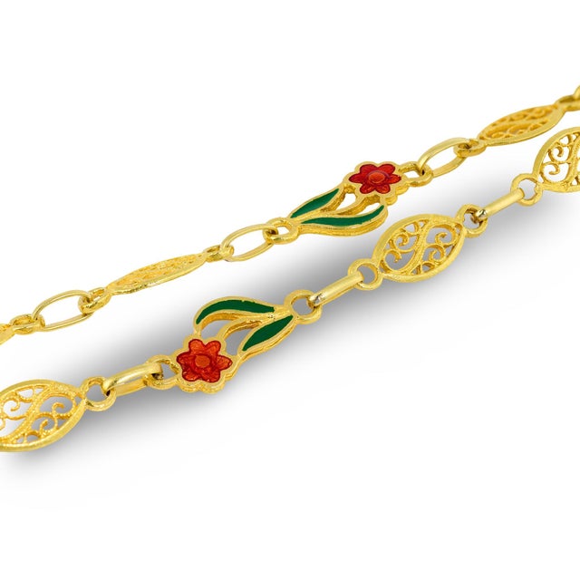 Early 20th Century French Antique Enamel Flower 18k Gold Fancy Link 78 Inch Necklace For Sale - Image 5 of 7