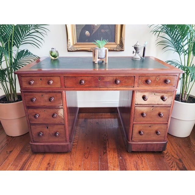 Antique Victorian Mahogany Pedestal Desk with Green Leather, 1890s For Sale - Image 6 of 18