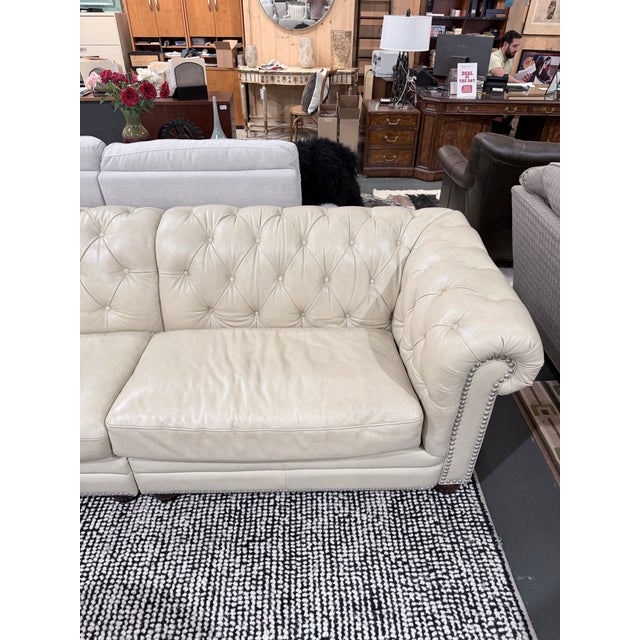 Animal Skin Ivory Top-Grain Leather Chesterfield Sectional Sofa With Deep Button Tufting & Nailhead Trim For Sale - Image 7 of 11