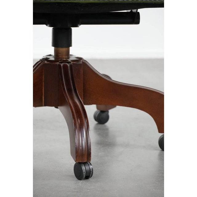 English Style Dark Green Cowhide and Wooden Chesterfield Swivel Desk Chair For Sale - Image 13 of 18