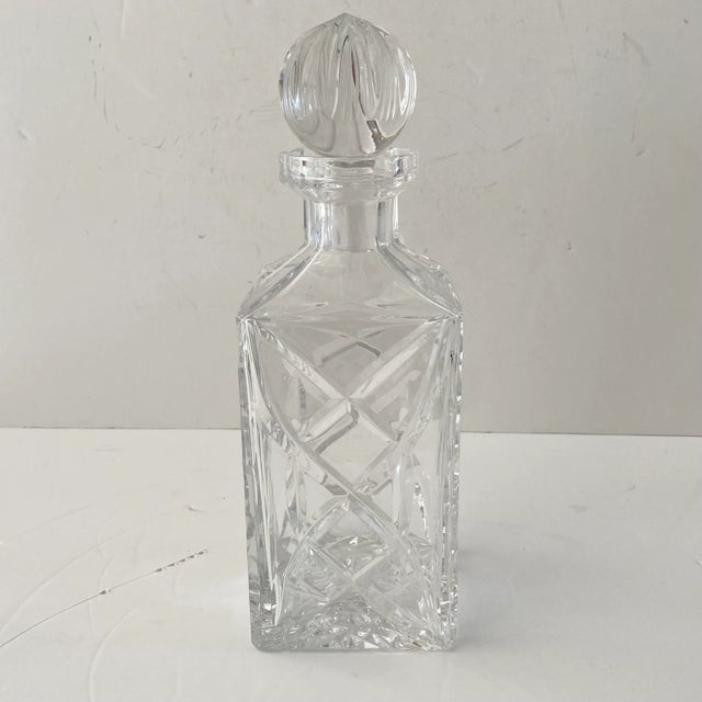 Glass Vintage 1980s Cut Crystal Celtic Cross Hatch Square Decanter With Ball Stopper For Sale - Image 7 of 8