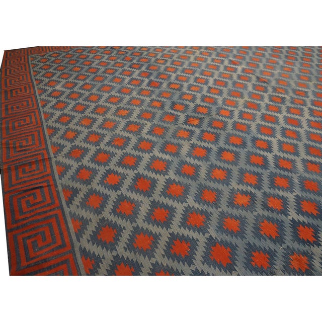 Astonishing Wave Fret Border With Red Diamond Design Square Indian Cotton Dhurrie Rug For Sale - Image 4 of 6