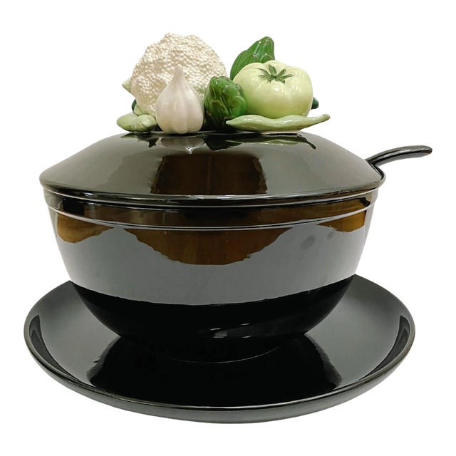 1980 Fitz & Floyd Black Soup Tureen With Lid and Underplate For Sale