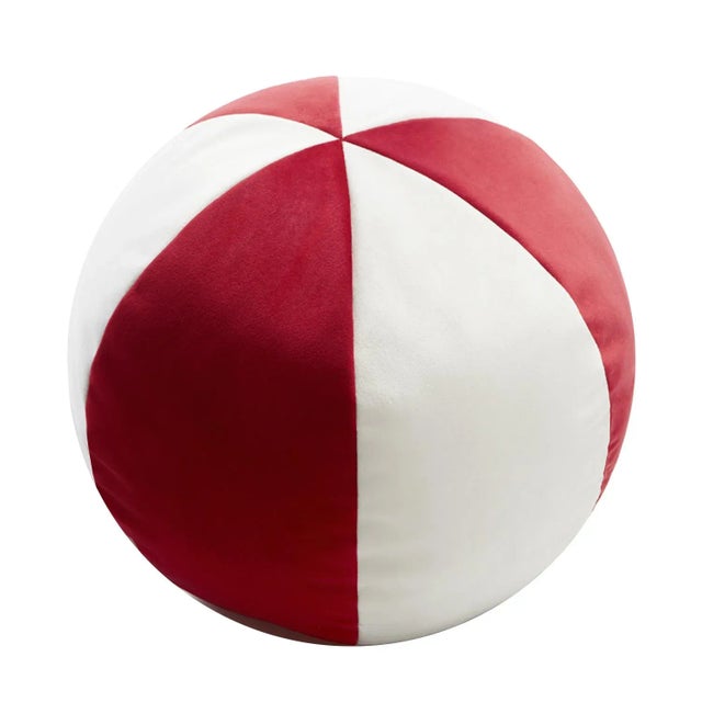 Contemporary Velvet Ball Cushion in Red and White by Lo Decor For Sale - Image 3 of 3