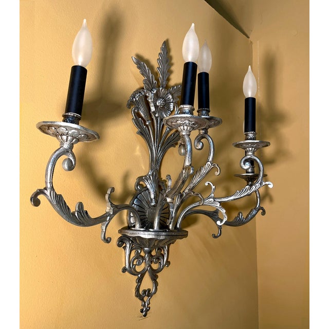 Vintage Large Five-Branch Nickel-Brass Ornate Wall Sconces - a Pair For Sale - Image 10 of 13