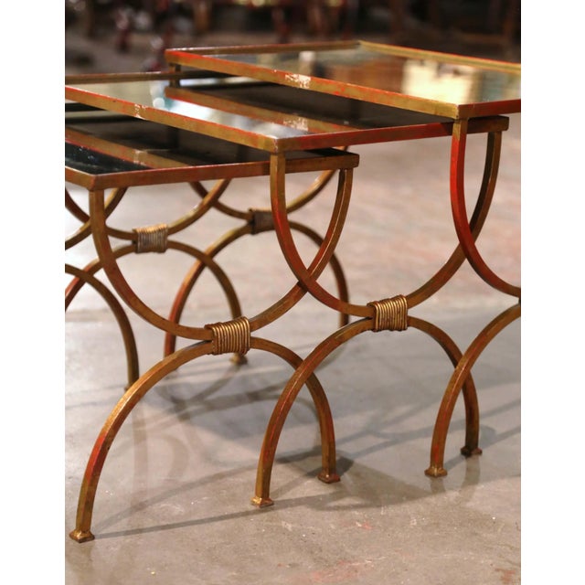 Set of 3 Early 20th Century French Art Deco Gilt Iron Nesting Tables For Sale - Image 4 of 10