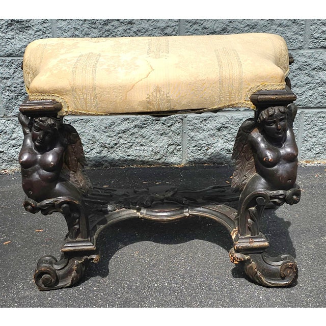 Baroque Italian Baroque Style Sculpted Walnut Figural Upholstered Bench, Circa 18th For Sale - Image 3 of 11