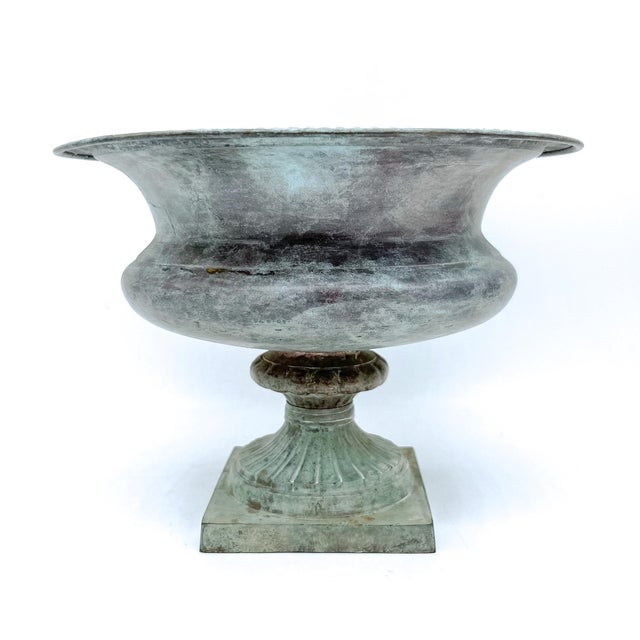 Metal Vintage Verdigris Metal Urn Planter / Cachepot – Neoclassical Garden Style / Traditional / Classical For Sale - Image 7 of 12