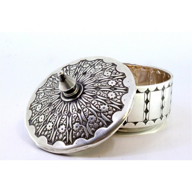 Circular Embossed Silver Box with Knob Lid For Sale - Image 4 of 7