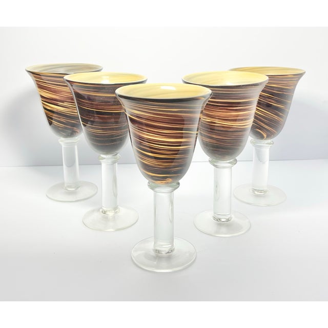 Contemporary 5 Handblown Murano-Style Brown Amber Swirl Water or Wine Goblets For Sale - Image 3 of 5