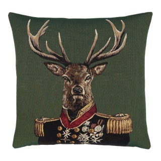 Admiral Stag Green Tapestry Cushion With Feather Filler - 46x46cm (18"x18") For Sale
