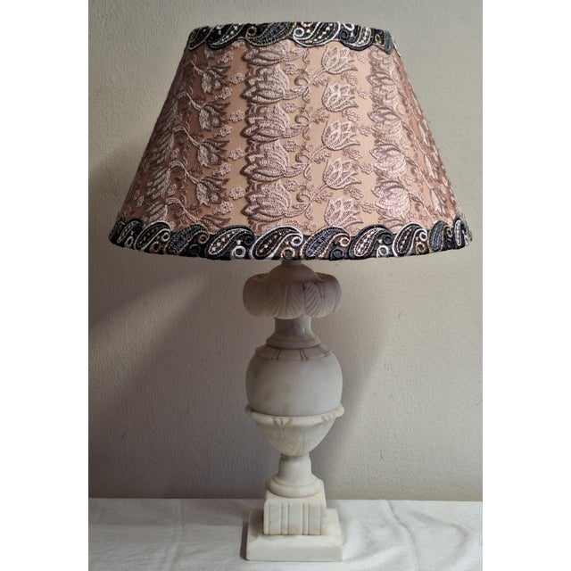 Vintage Italian Table Lamp with White-Veined Alabaster Base and Handmade Fabric Shade by Lamplove, 1970s, in Very Good...