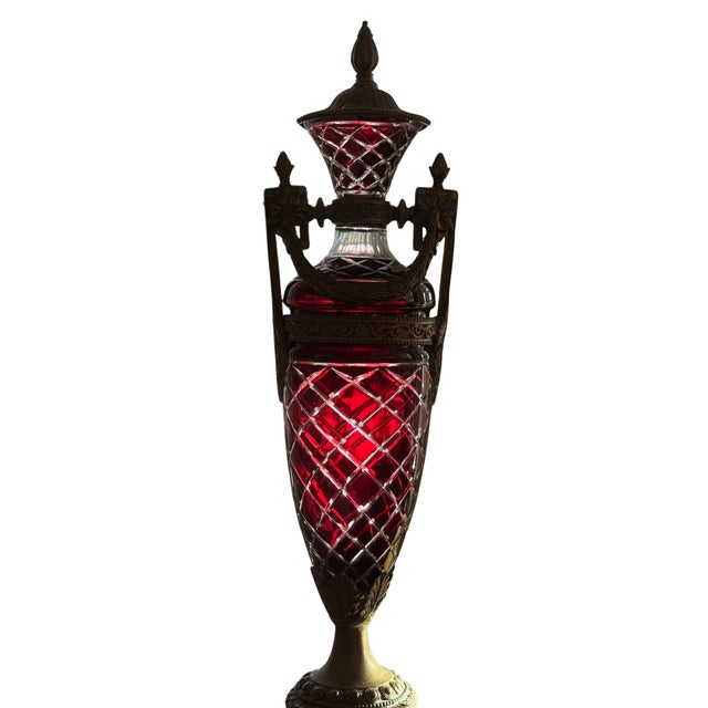 French Tall Statement Antique Ruby Cut to Clear Crystal Lidded Urn With Second Empire Style Bronze Mounts For Sale - Image 3 of 18