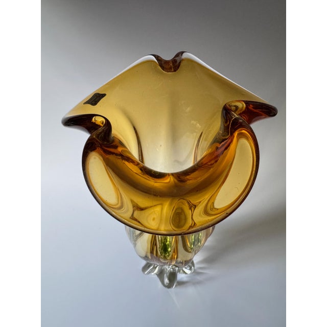 Bohemian Sculptural Amber Art Glass Vase with Folded Rim and Green Base from Egermann, Former Czechoslovakia, 1980s For Sale - Image 10 of 16