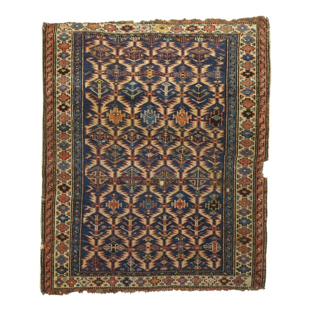 Antique Zabihi Collection Caucasian Rug Stitched on Linen For Sale