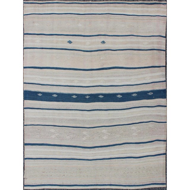 Textile Vintage Flat-Weave Kilim With Navy Blue, Light Green & Taupe in Striped Design For Sale - Image 7 of 7