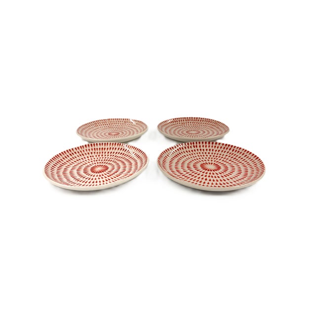 Set of 4 Bat Trang Vietnamese Ceramic Dessert/Salad Plates With Hand Painted Red Brushstroke Motif For Sale - Image 4 of 7