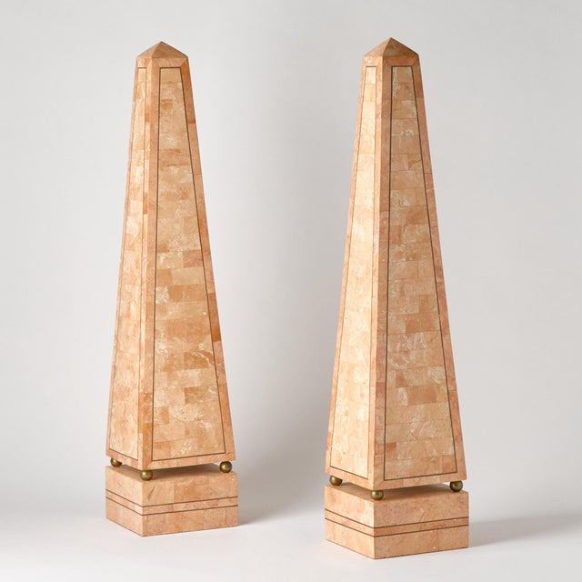 Art Deco Large Pair of Mid-20th Century Pink Salmon Tessellated Stone Obelisks For Sale - Image 3 of 9