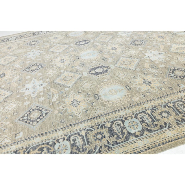 Modern Oushak Style Hand-Knotted Wool & Silk Area Rug in Soft Beige and Blue For Sale - Image 9 of 12